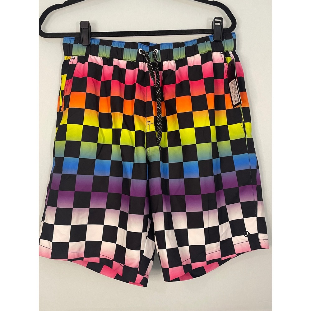 NWT EMPYRE Rainbow Checkerboard Swim Trunks Men's Size Medium‎